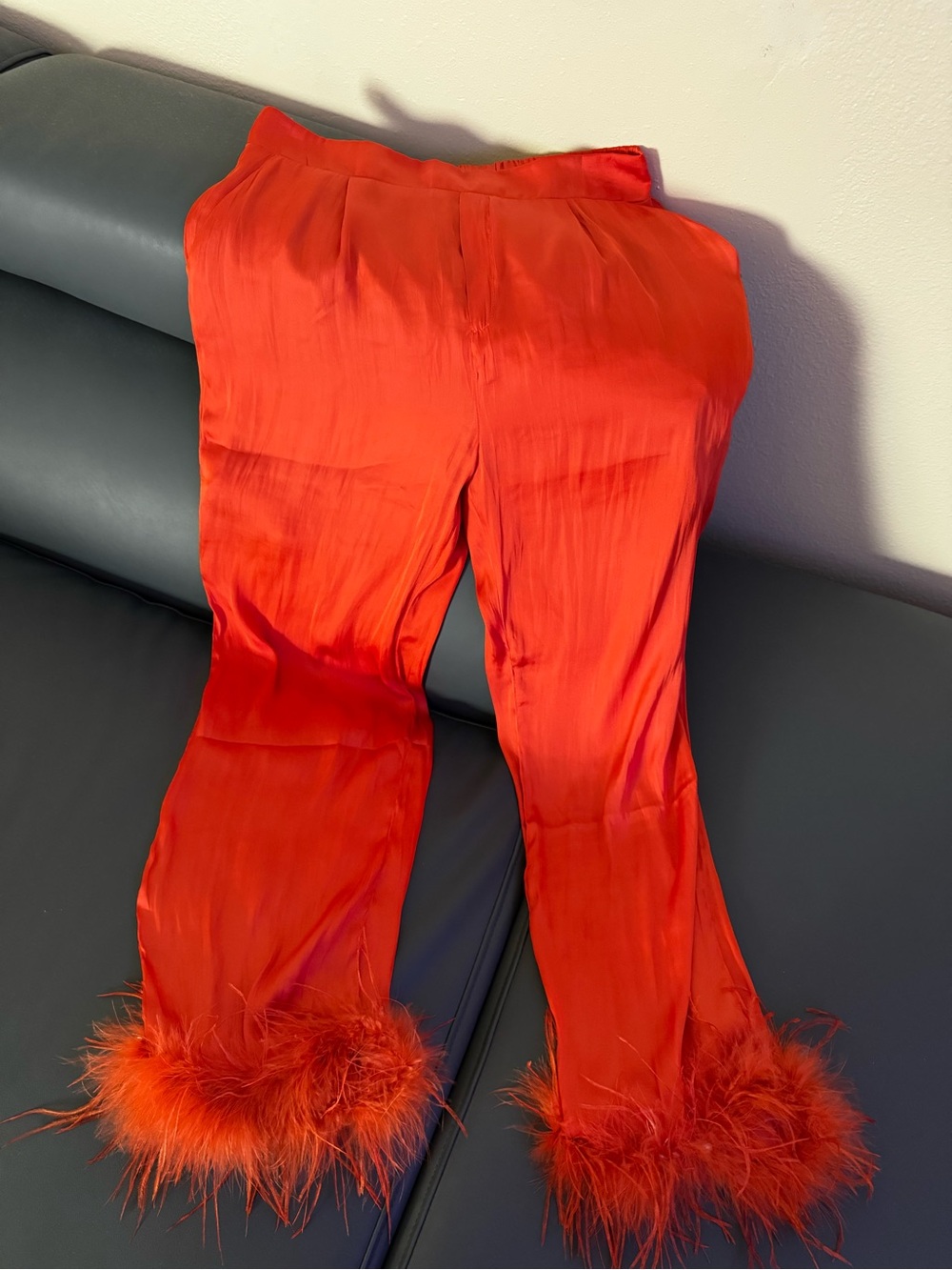 Orange Feather-Trim Satin Lounge Pants